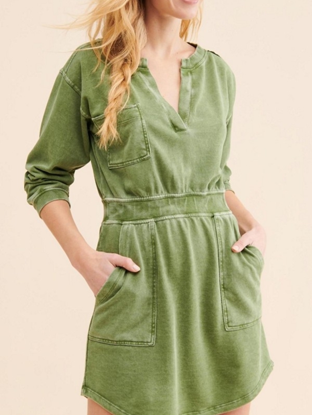 Daily Practice Anthropologie Casual Terry Olive Green Mini Sweatshirt Dress
